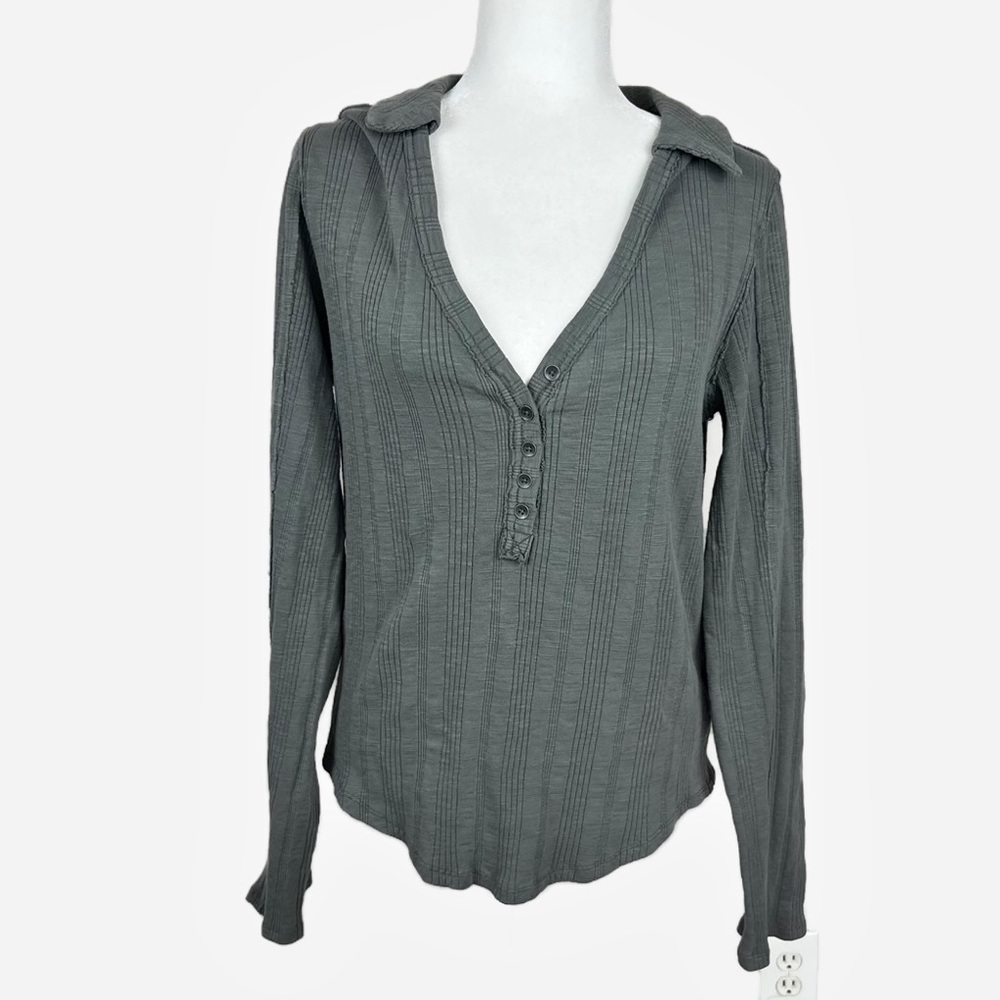 Free People Long Sleeve Henley Top in Charcoal Gray
